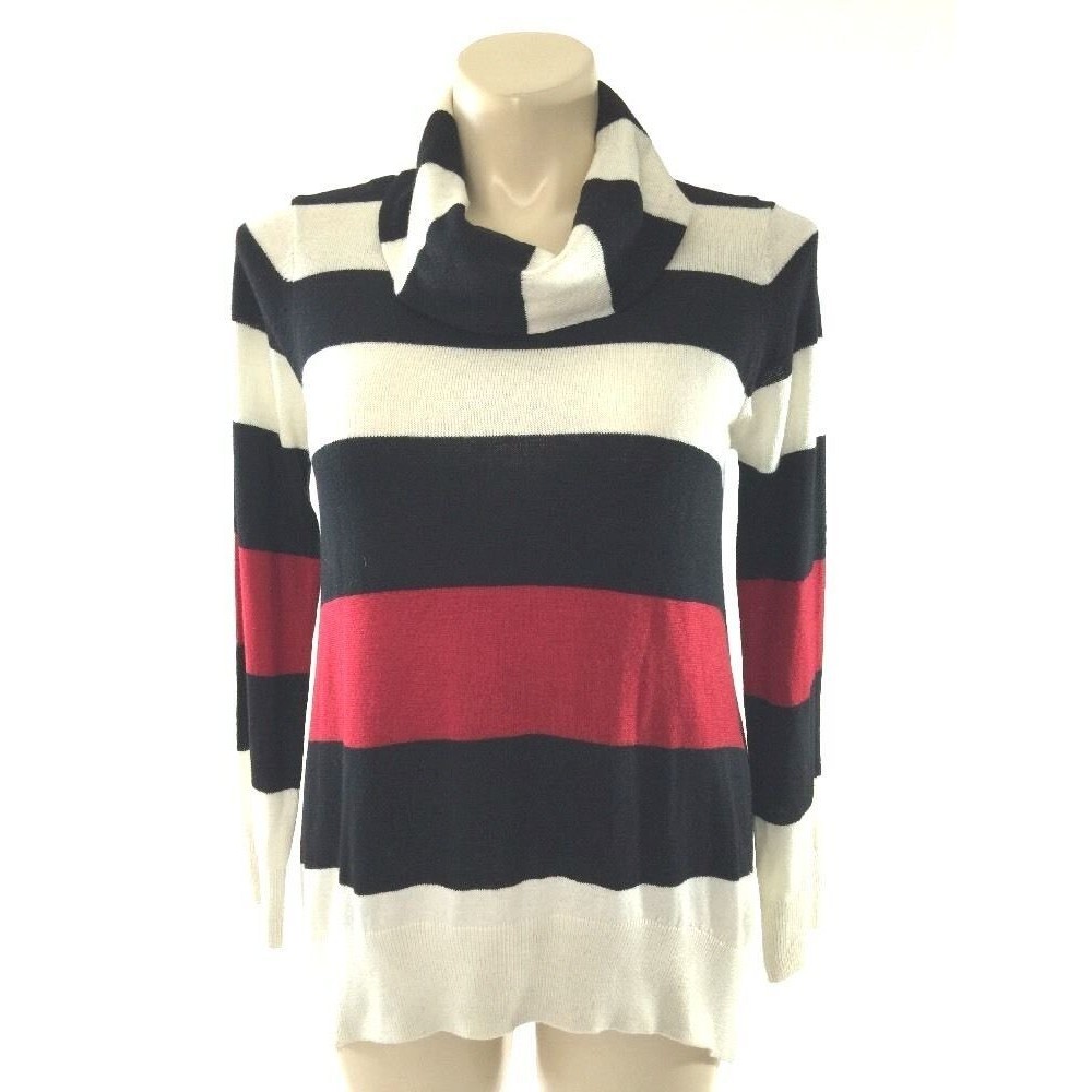 NEW ECI New York Large sweater cowl neck black ivory red stripe hi‎ low top NWT